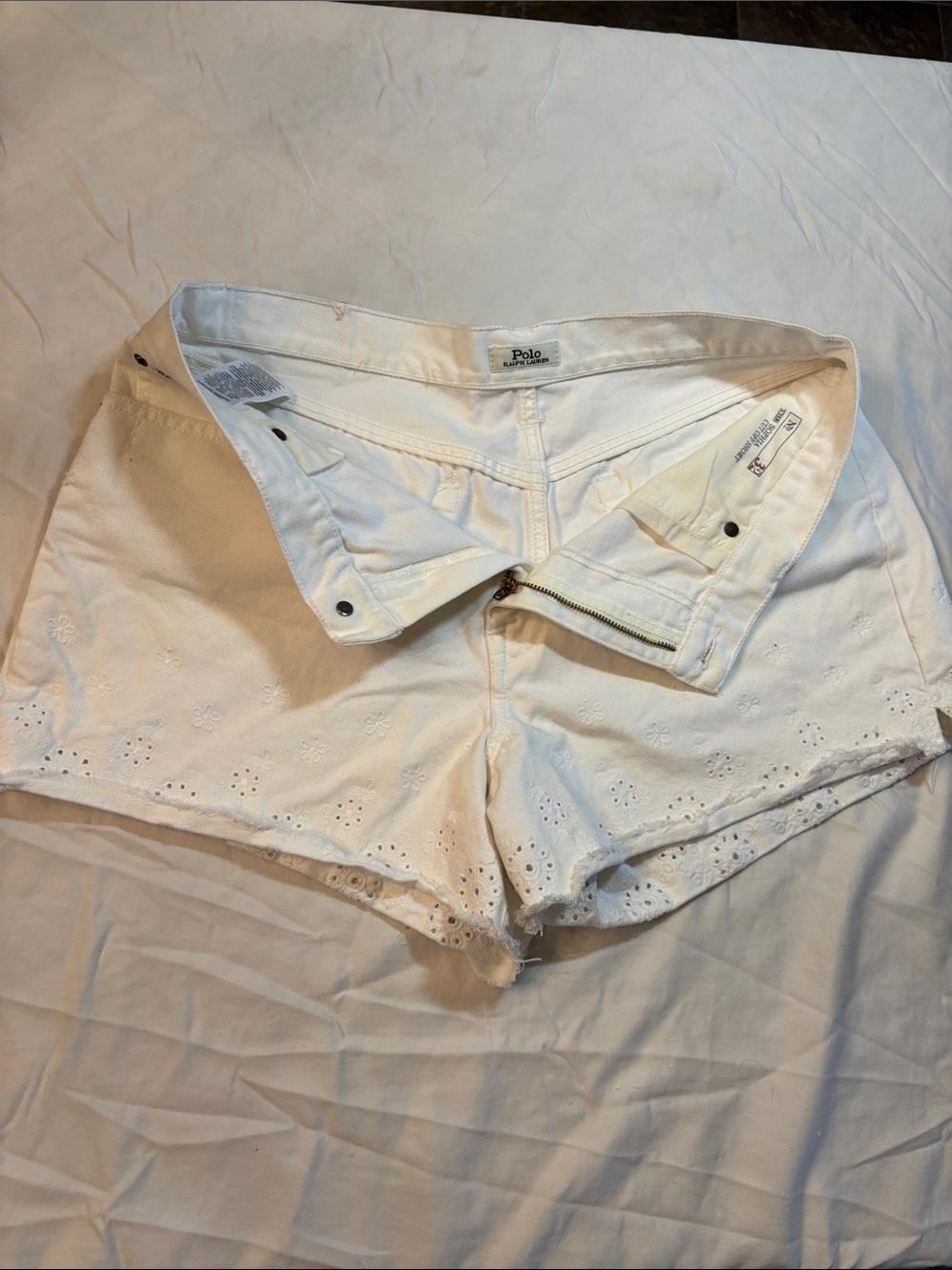 Polo by Ralph Lauren Sophia Cut Off Eyelet Cotton Shorts, Size 32 distressed